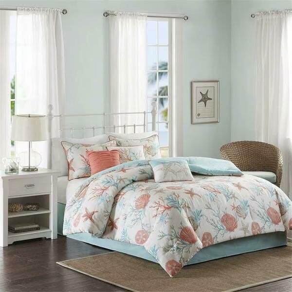 7 Piece Cotton Sateen Printed Comforter Set, California King, Coral, 7PK, Madison Park, Mfr#: MP10-2706